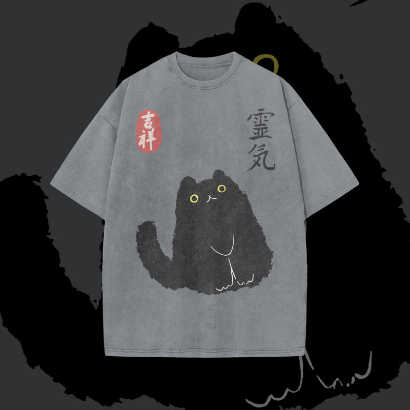 Unisex 100% Cotton Lucky Cat Japanese Print Acid Washed T-shirt