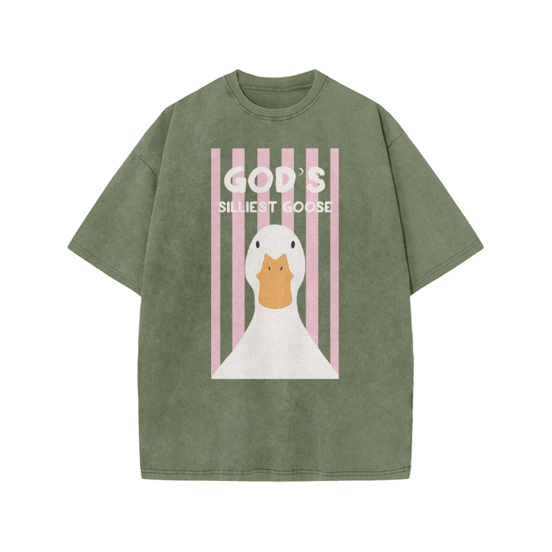 God's Silliest Goose Print Acid Washed T-shirt - Army Green - US20-22(3XL) - image 5