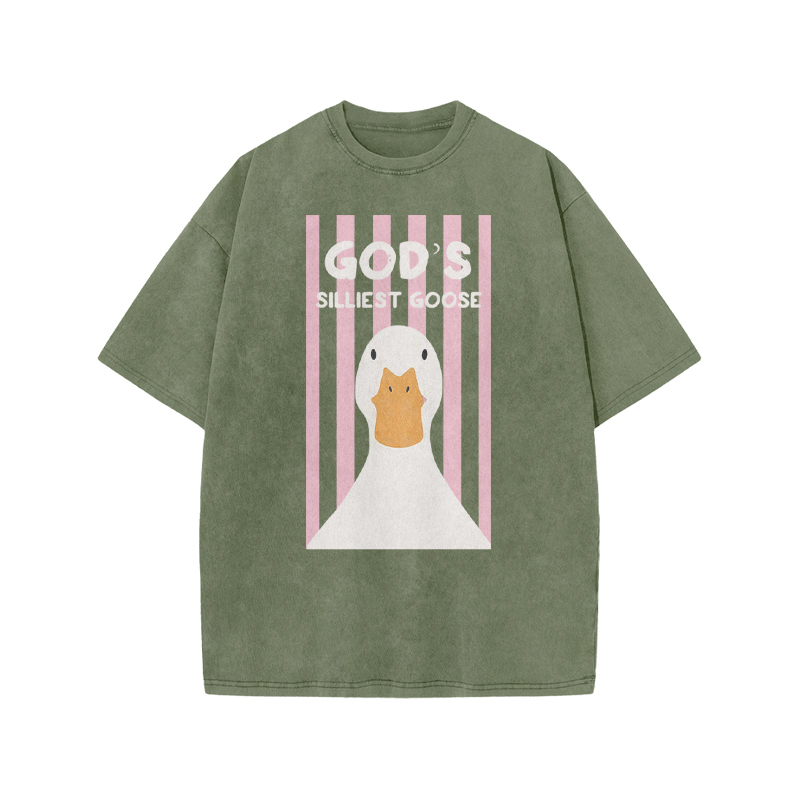 GOD'S SILLIEST GOOSE Print Acid Washed T-shirt - Army Green - US20-22(3XL) - image 5