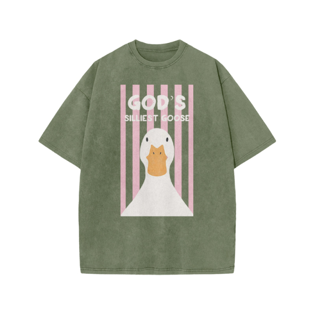 GOD'S SILLIEST GOOSE Print Acid Washed T-shirt - Army Green - US20-22(3XL) - image 5