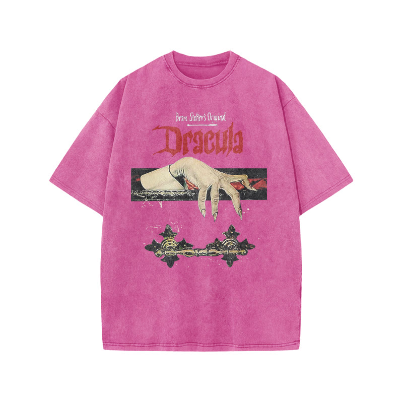 Unisex 100% Cotton Dracula Hand Print Acid Washed T-shirt - Pink - US20-22(3XL) - image 9