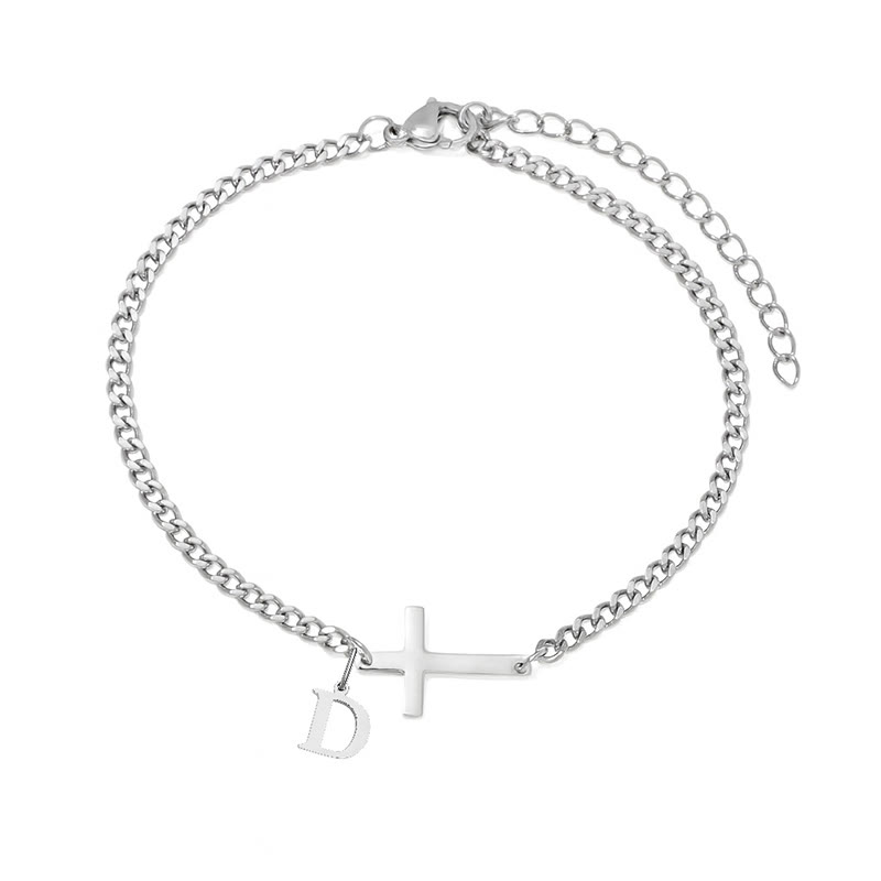 Letter Pendant Cross Bracelet - D - Silver-20CM+5CM - image 5