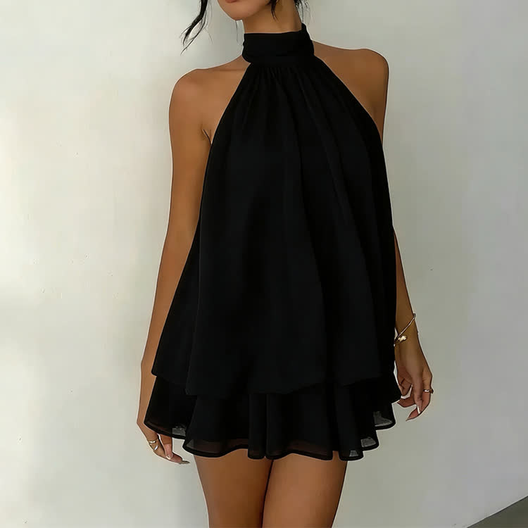 Solid Color Halter Neck Off Shoulder Dress - Black - US16-18(2XL) - image 3