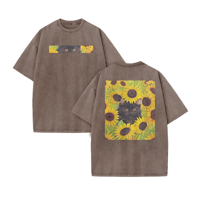 A Black Cat Hidden Among Clusters Of Sunflowers Print Acid Washed T-shirt - Coffee - US20-22(3XL) - image 6