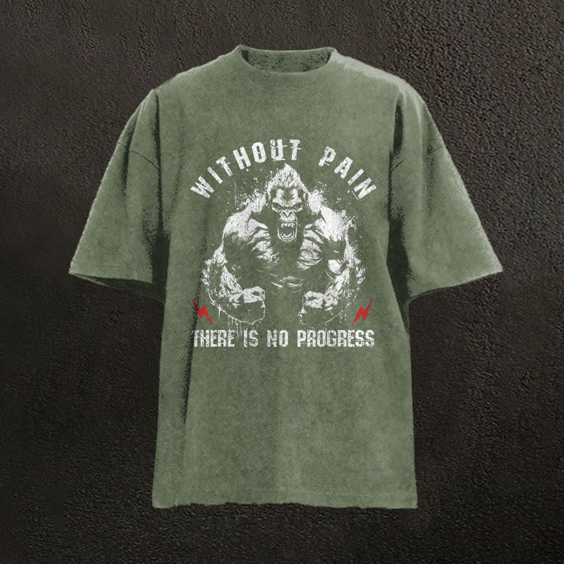 100% Cotton Without Pain There Is No Progress Gym Print Acid Washed T-shirt - Army Green - US20-22(3XL) - image 4
