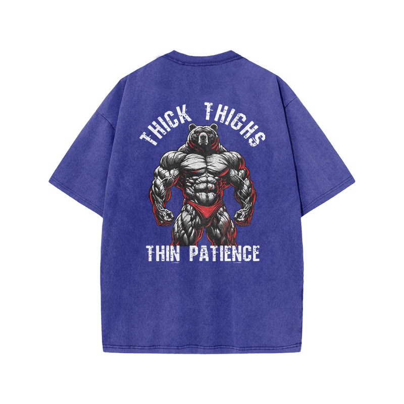 100% Cotton Thick Thighs Thin Patience Gym Print Acid Washed T-shirt - Blue - US20-22(3XL) - image 9