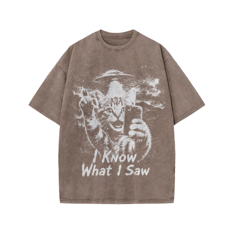 Casual I Know What I Saw Cat UFO Graphic Washed T-Shirt - Coffee - US20-22(3XL) - image 4