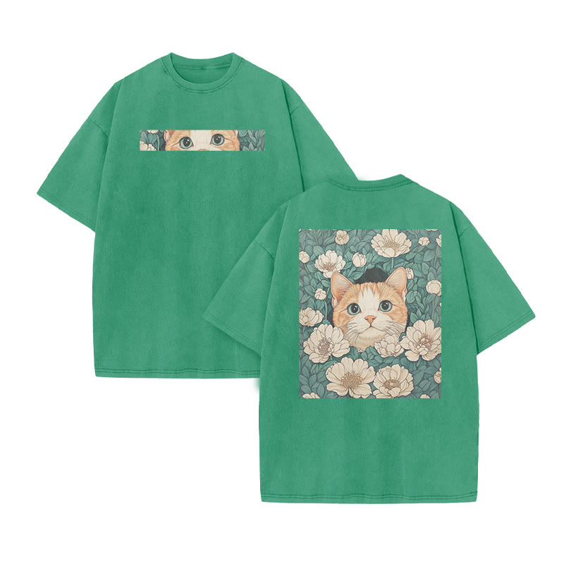 A Black Cat Hidden Among Clusters Of White Flowers Print Acid Washed T-shirt - Green - US20-22(3XL) - image 7
