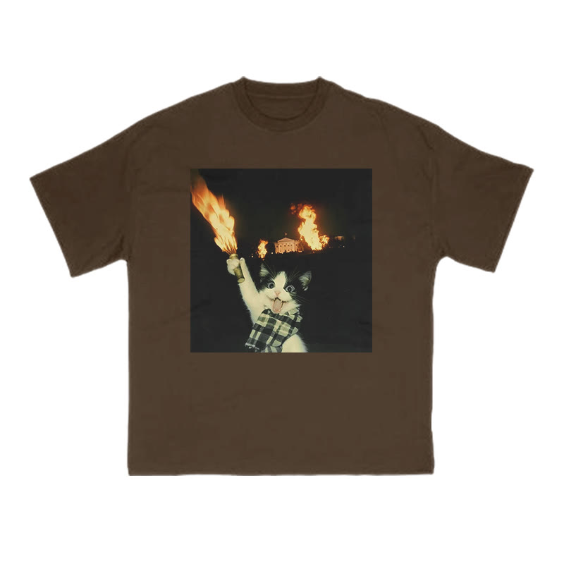 Unisex 100% Cotton Mischievous Cat Print T-shirt - Coffee - US16-18(2XL) - image 6