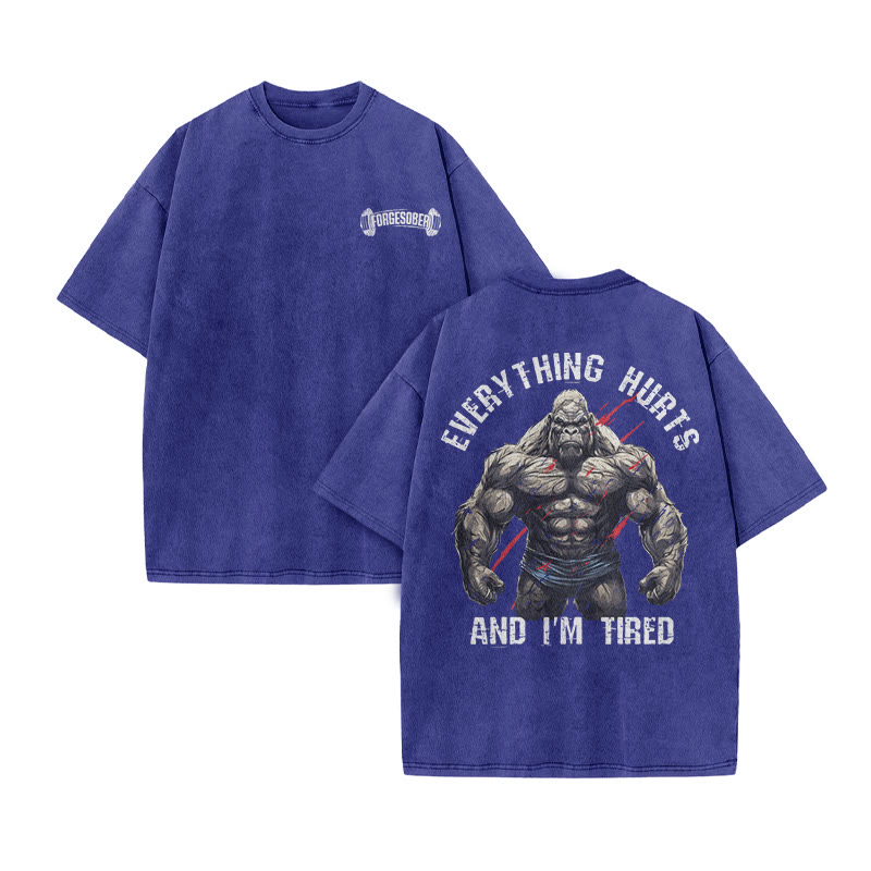 100% Cotton Everything Hurts And I'm Tired Gym Print Acid Washed T-shirt - Blue - US20-22(3XL) - image 9