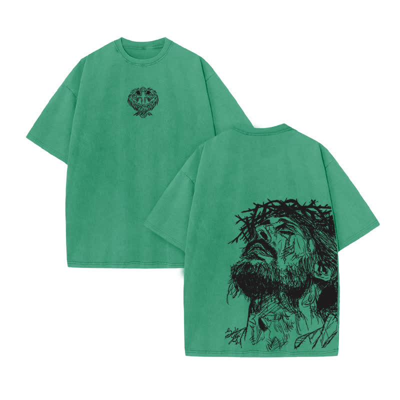 Unisex 100% Cotton Jesus Saves Hand Drawn Print Acid Washed T-shirt - Green - US20-22(3XL) - image 7