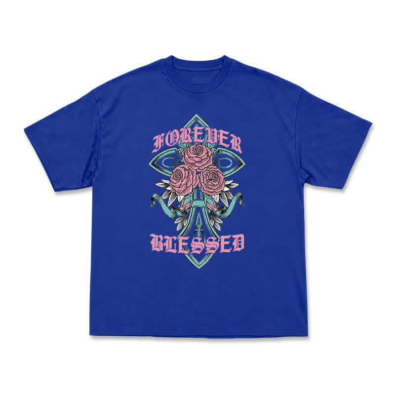 Vintage Rock Cross and Rose Print Relaxed Fit T-Shirt - Blue - US16-18(2XL) - image 15