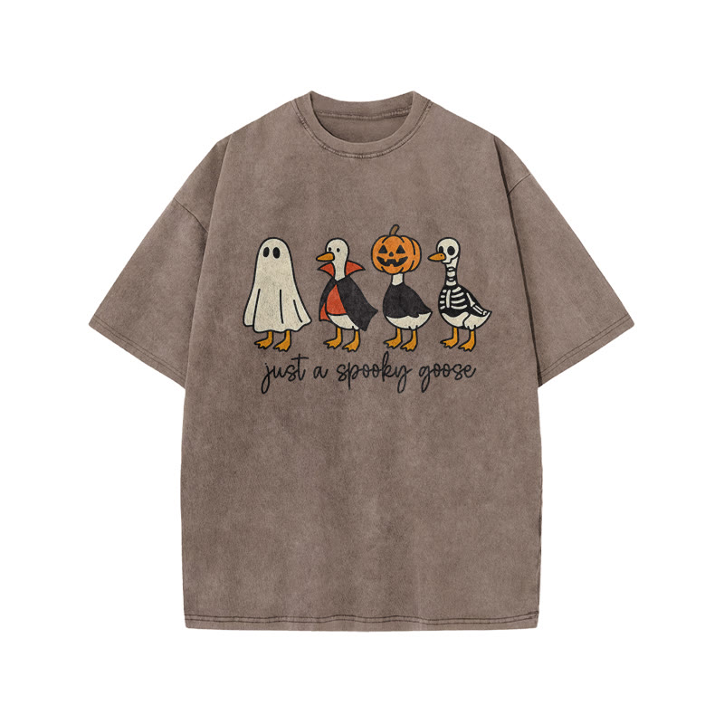 Unisex 100% Cotton Just A Spooky Goose Print Acid Washed T-shirt - Coffee - US20-22(3XL) - image 8