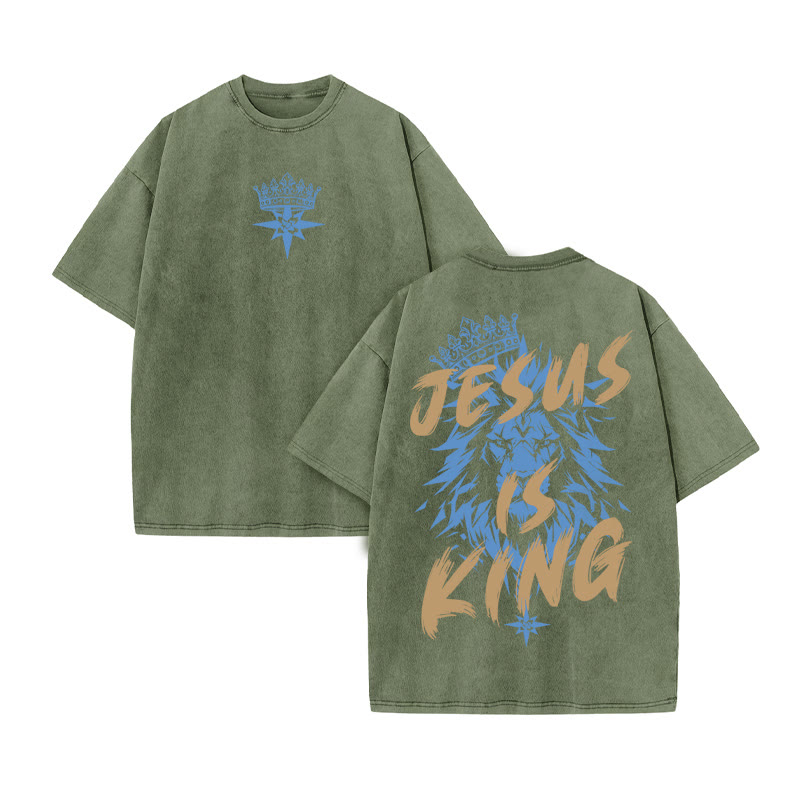 Unisex 100% Cotton JESUS IS KING print Acid Washed T-shirt - Army Green - US20-22(3XL) - image 10