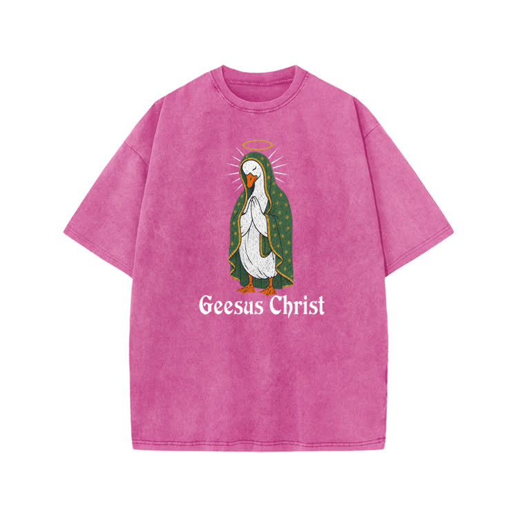 Geesus Christ Halo Goose Graphic Print Acid Washed T-shirt - Pink - US20-22(3XL) - image 6