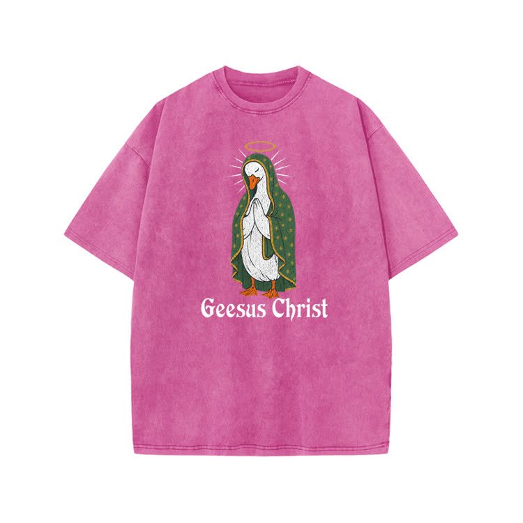 Geesus Christ Halo Goose Graphic Print Acid Washed T-shirt - Pink - US20-22(3XL) - image 6