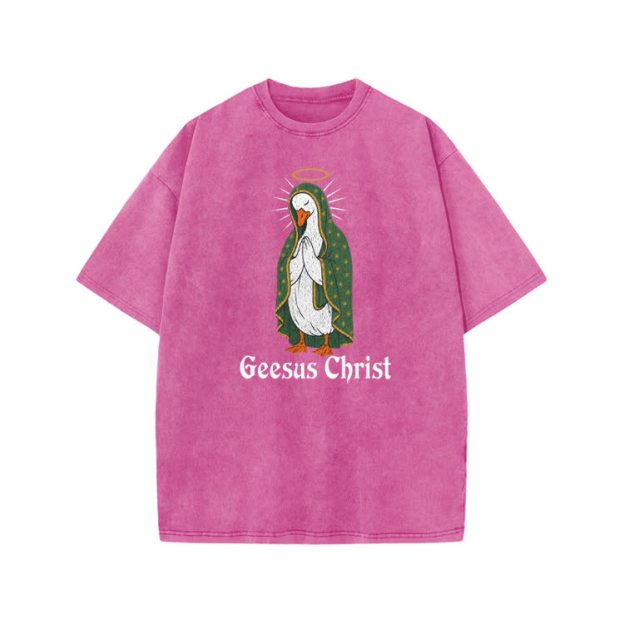 Geesus Christ Halo Goose Graphic Print Acid Washed T-shirt - Pink - US20-22(3XL) - image 6
