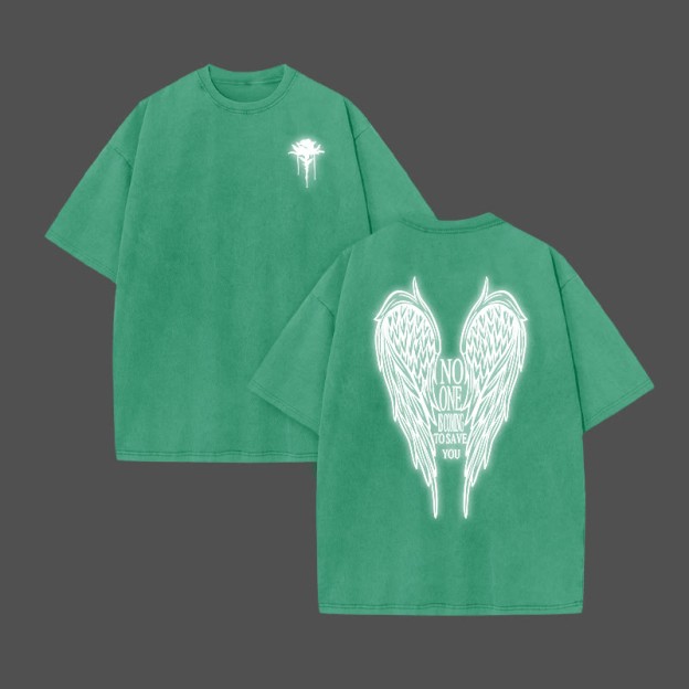 No One Is Coming To Save You Reflective Print Acid Washed T-shirt - Green - US20-22(3XL) - image 7