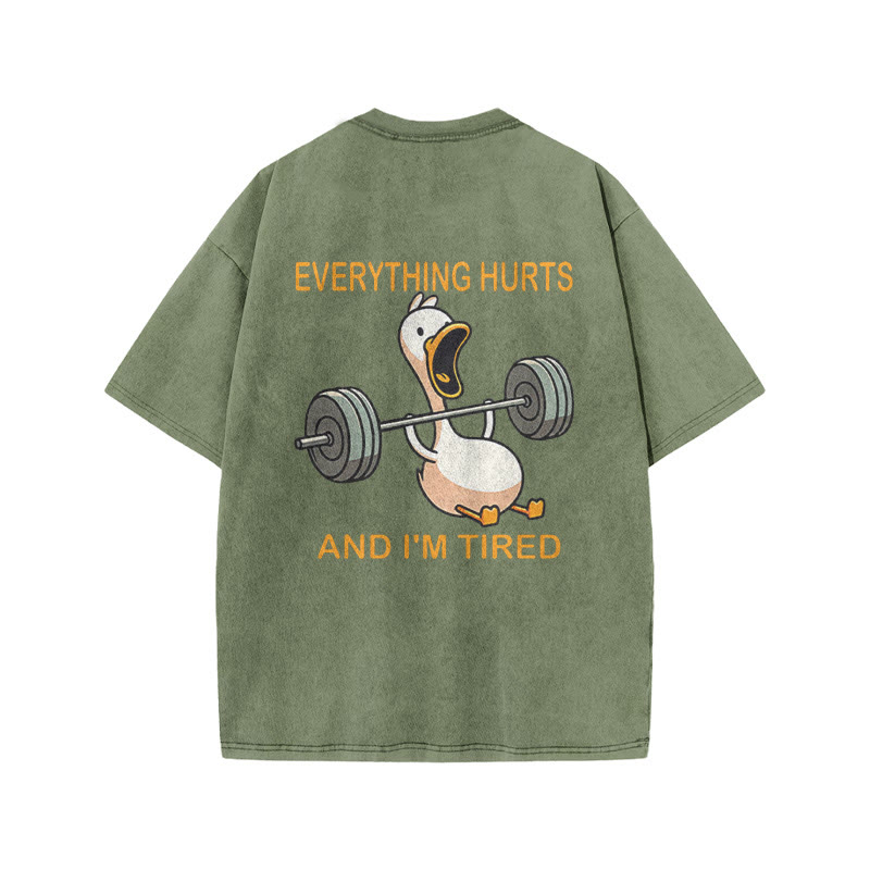 100% Cotton Everything Hurts And I'm Tired Gym Print Acid Washed T-shirt - Army Green - US20-22(3XL) - image 6