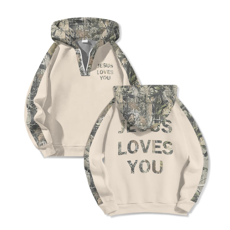 Jesus Loves You Dead Leaves Camouflage Print Half Zip Hoodie - Apricot - US32-34(5XL) - image 4