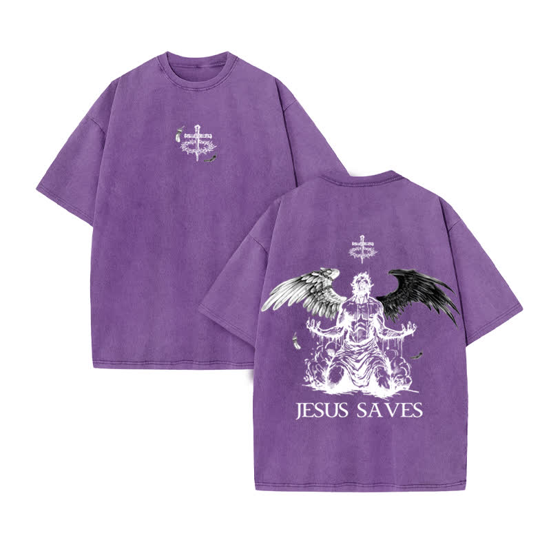 Unisex Jesus Saves Print Acid Washed T-shirt - Purple - US20-22(3XL) - image 9