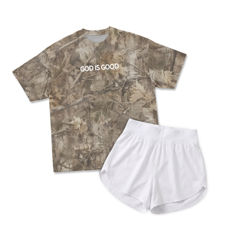 Vintage Camo GOD IS GOOD Print T-Shirt & Short Two Piece Set - Brown Camo - 2XL - image 11