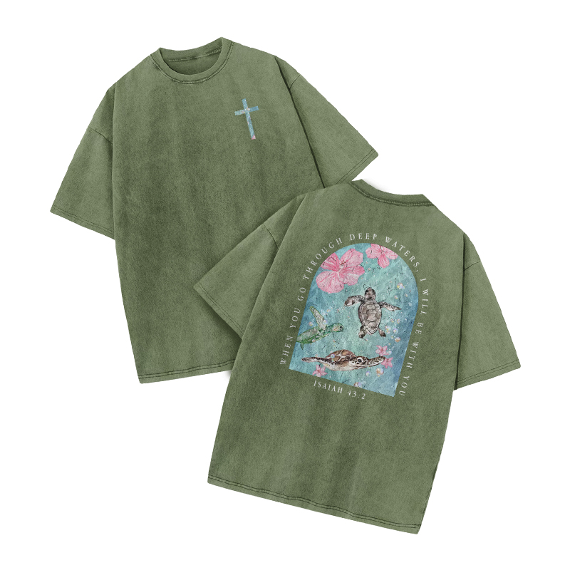 When You Go Through Deep Waters, I Will Be With You Print Acid Washed T-shirt - Army Green - US20-22(3XL) - image 5