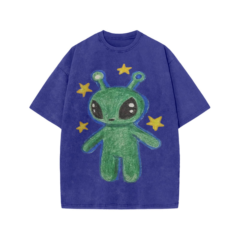 Cute Alien Print Acid Washed T-shirt - Blue - US20-22(3XL) - image 6
