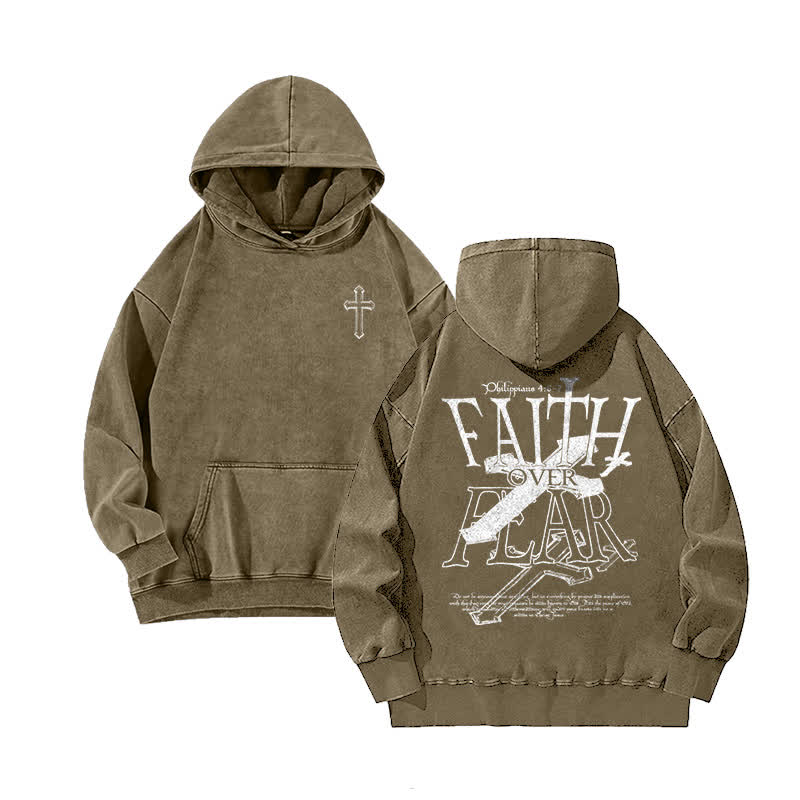 Unisex 100% Cotton Faith Over Fear Printed Washed Hoodie  - Brown - 3XL - image 4