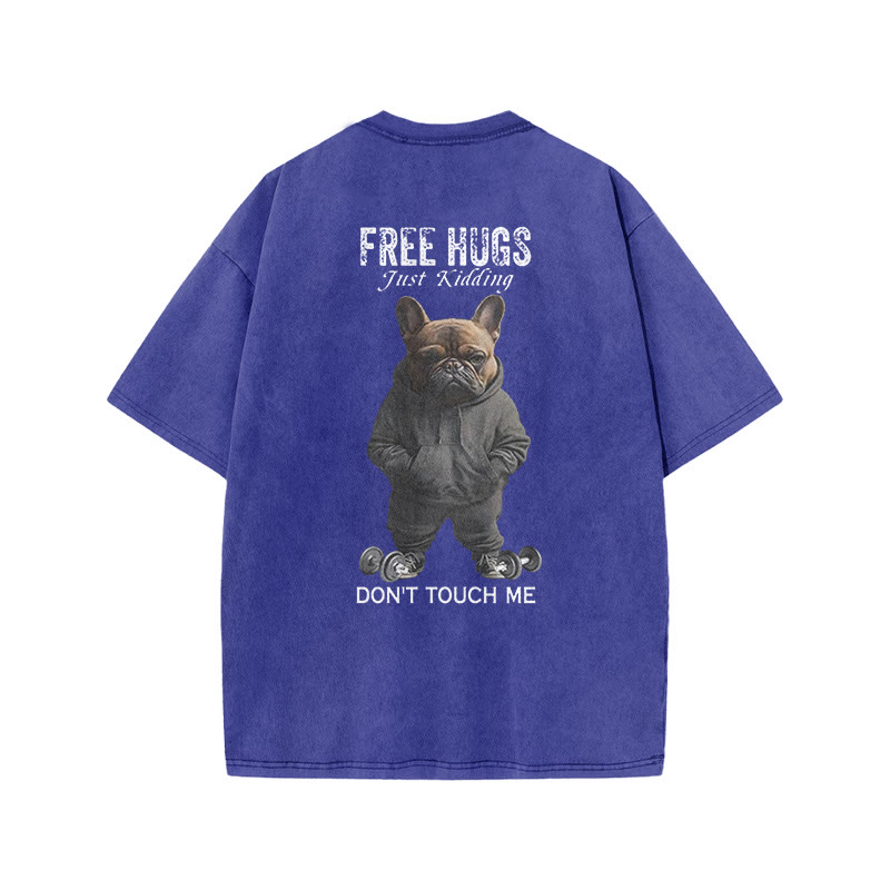 100% Cotton FREE HUGS Gym Print Acid Washed T-shirt - Blue - US20-22(3XL) - image 7