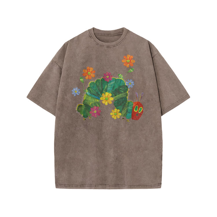 Playful Cartoon Floral Graphic Print Acid Washed T-Shirt - Coffee - US20-22(3XL) - image 7