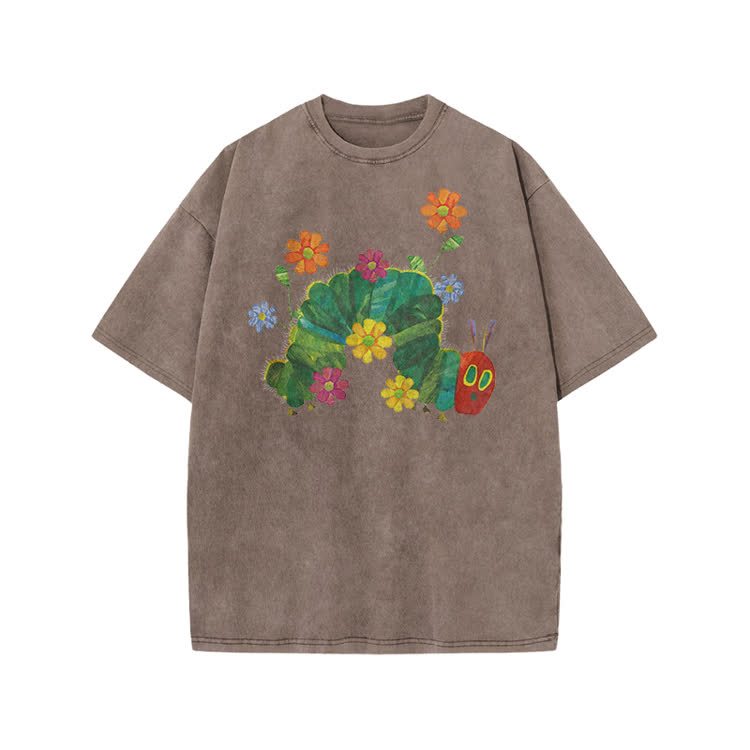 Playful Cartoon Floral Graphic Print Acid Washed T-Shirt - Coffee - US20-22(3XL) - image 7