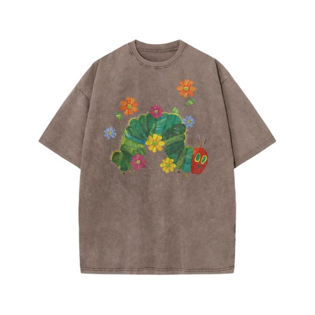 Playful Cartoon Floral Graphic Print Acid Washed T-Shirt - Coffee - US20-22(3XL) - image 7