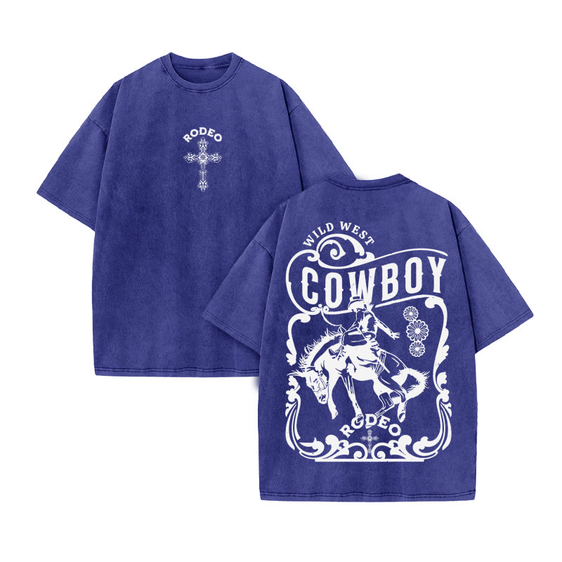 Unisex 100% Cotton RODEO Western Style Print Acid Washed T-shirt
