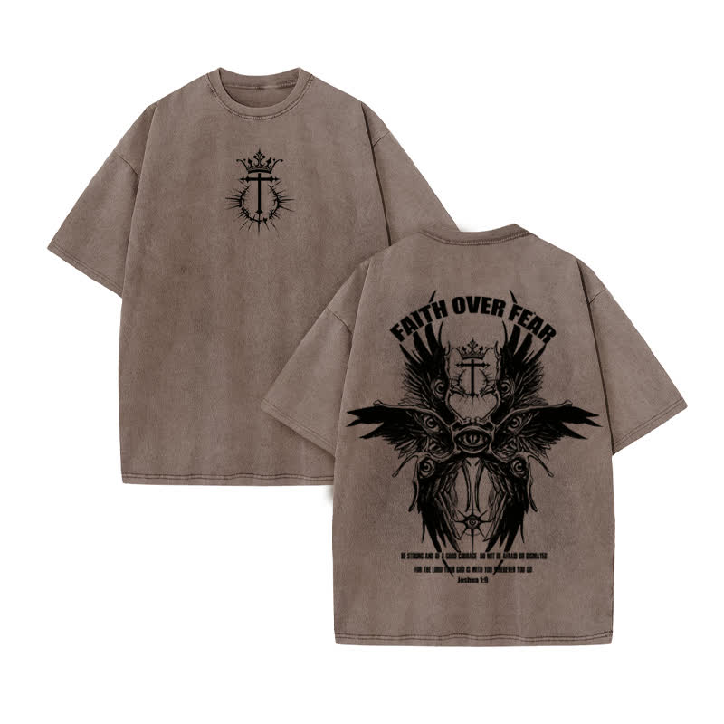 Unisex 100% Cotton Faith Over Fear Seraphim Print Acid Washed T-shirt - Coffee - US20-22(3XL) - image 4