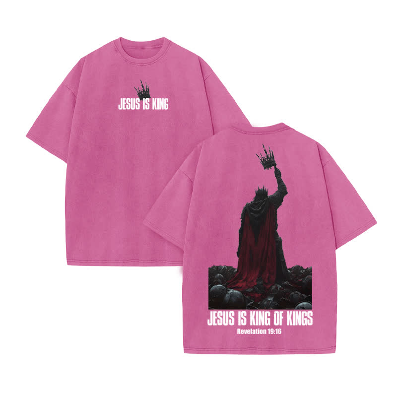 Unisex 100% Cotton Jesus Is King Print Acid Washed T-shirt - Pink - US20-22(3XL) - image 8
