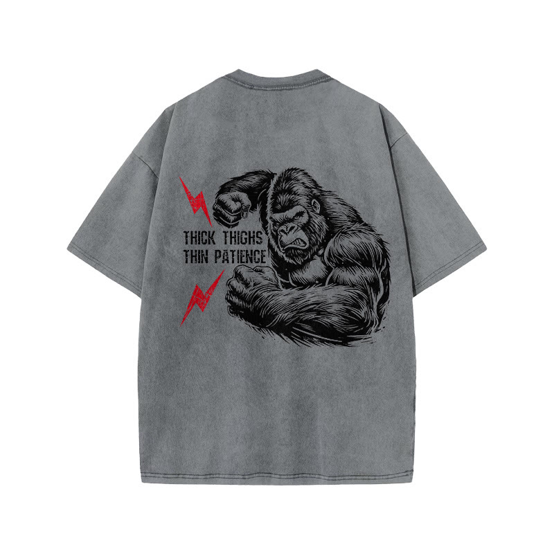 100% Cotton Thick Thighs Thin Patience Gym Print Acid Washed T-shirt - Grey - US20-22(3XL) - image 5