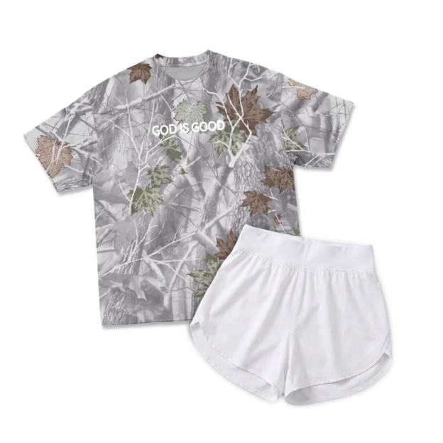 Vintage Camo GOD IS GOOD Print T-Shirt & Short Two Piece Set - Gray Leaf Camo - 2XL - image 14