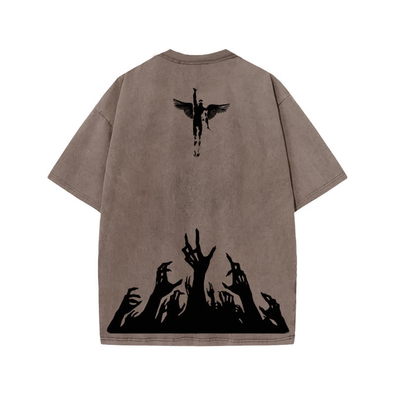 Unisex Faith Over Fear Print Acid Washed T-shirt - Coffee - US20-22(3XL) - image 3