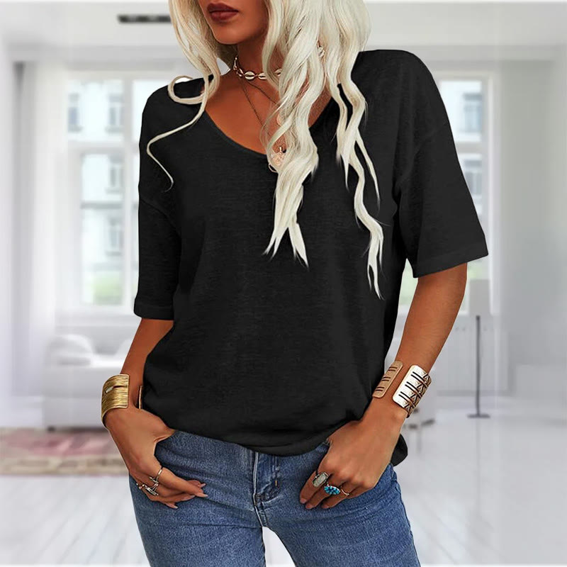 Women's casual short sleeve V-neck T-shirt - Black - 2XL - image 5