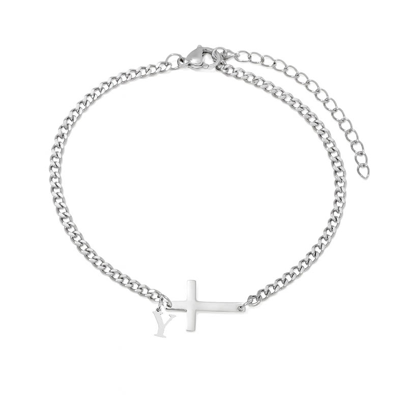 Letter Pendant Cross Bracelet - Y - Silver-20CM+5CM - image 26