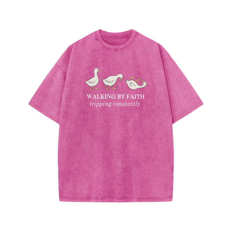 Unisex Walking By Faith Tripping Constantly Print Acid Washed T-shirt - Pink - US20-22(3XL) - image 9