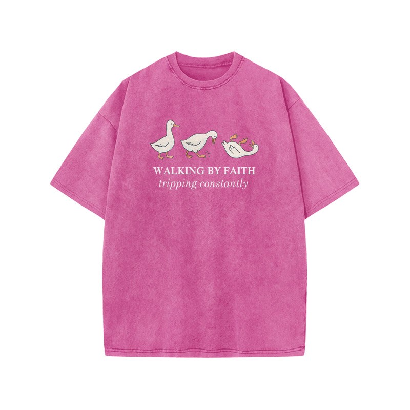 Unisex Walking By Faith Tripping Constantly Print Acid Washed T-shirt - Pink - US20-22(3XL) - image 9