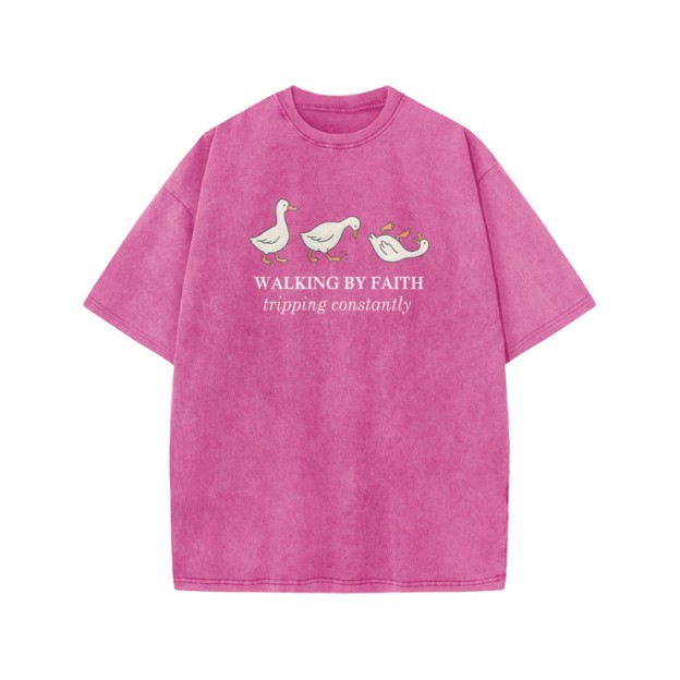 Unisex Walking By Faith Tripping Constantly Print Acid Washed T-shirt - Pink - US20-22(3XL) - image 9