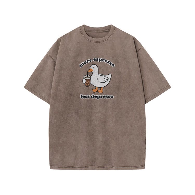 Casual Duck Drink Graphic Print Acid Washed T-shirt - Coffee - US20-22(3XL) - image 9