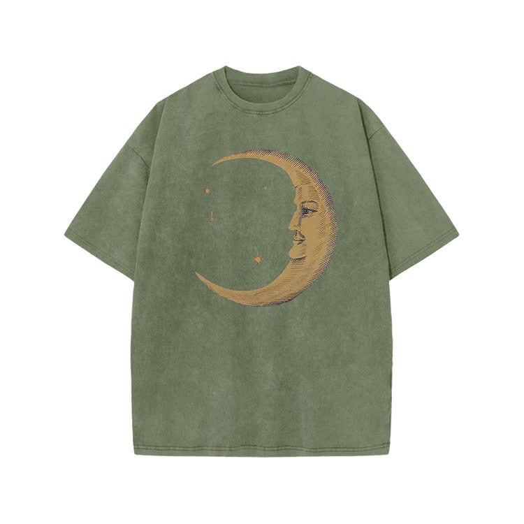 Vintage Moon Face Print Acid Washed T-shirt - Army Green - US20-22(3XL) - image 5