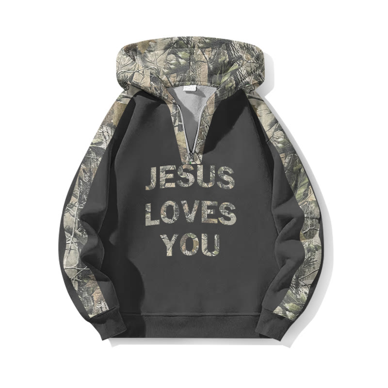 Jesus Loves You Dead Leaves Camouflage Front Print Half Zip Hoodie - Dark Grey - US32-34(5XL) - image 6