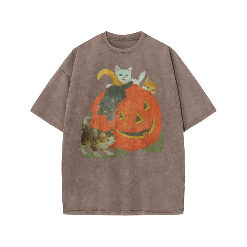 Unisex 100% Cotton Cats Playing On Pumpkins Halloween Print Acid Washed T-shirt - Coffee - US20-22(3XL) - image 5