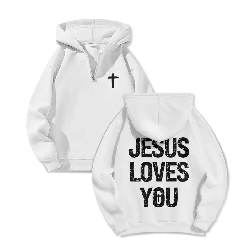 Jesus Loves You Print Half Zip Hoodie - White - US32-34(5XL) - image 3