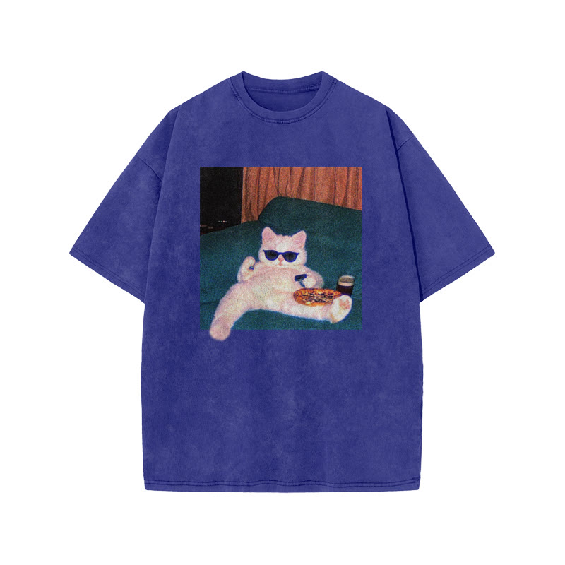 Unisex 100% Cotton Cool Cat Print Acid Washed T-shirt - Blue - US20-22(3XL) - image 8